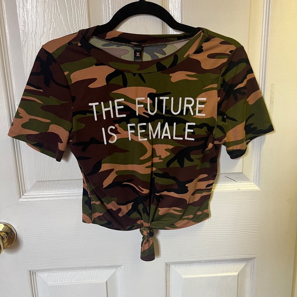 Camo "the future is female" cropped short sleeve t-shirt | tie front camo top Sm